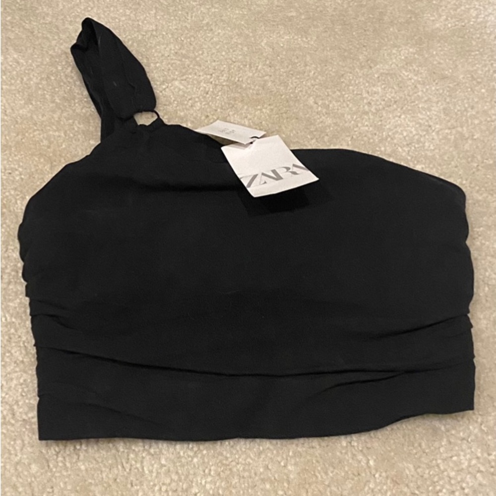 NWT Zara One Shoulder Black Linen Blend Asymmetric Crop Top - Picture 2 of 6